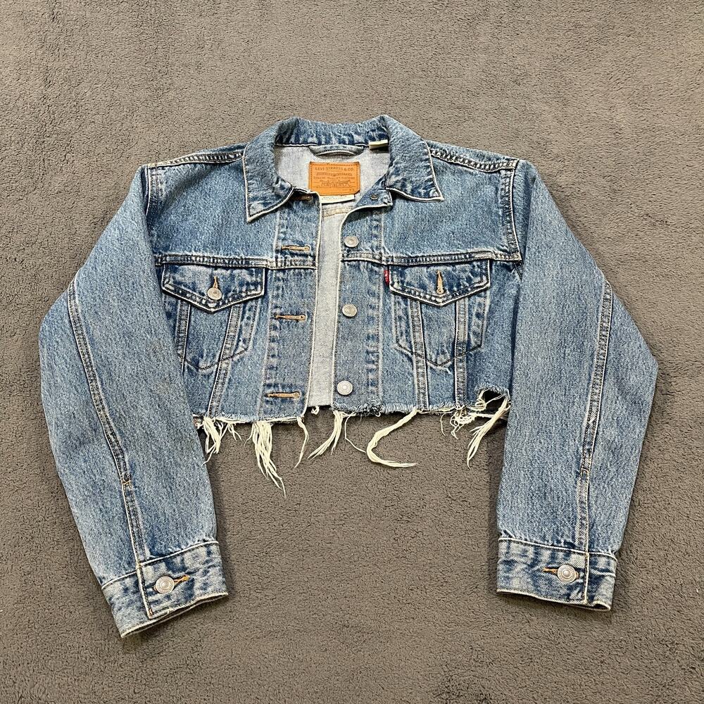 Levi’s Premium Cropped Denim Trucker Jacket Frayed Raw Hem Blue-Women’s Size XS